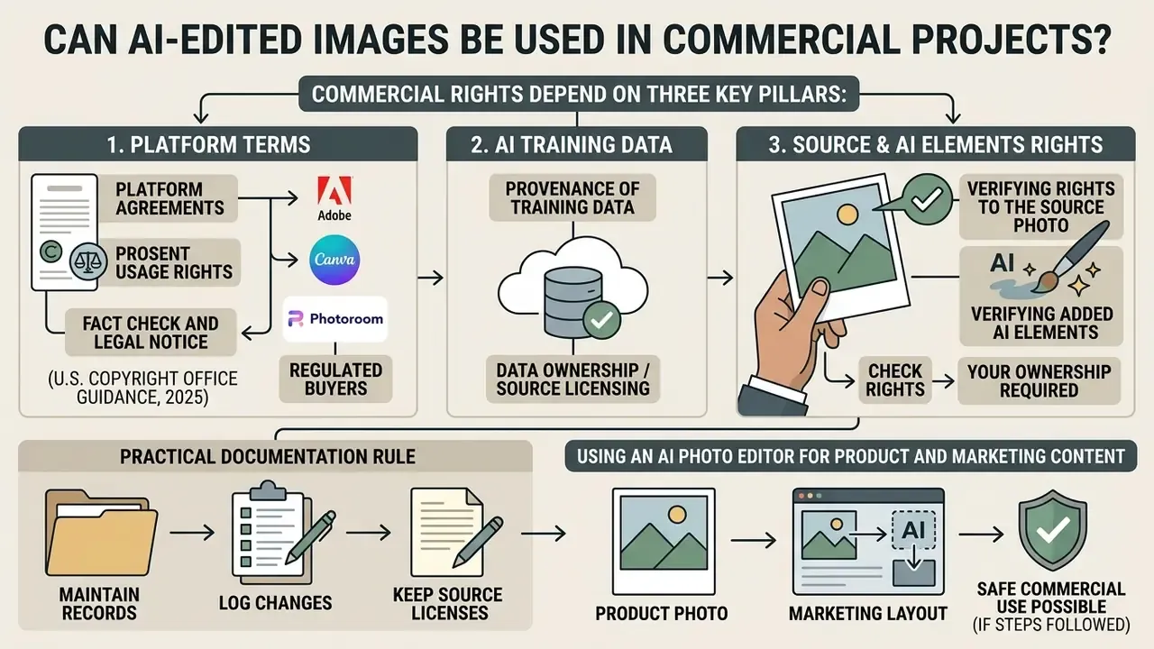 Flowchart outlining three pillars for commercial rights including platform terms, training data, and element ownership