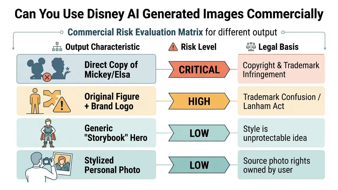 Risk assessment matrix categorizing legal implications of using various generated character designs
