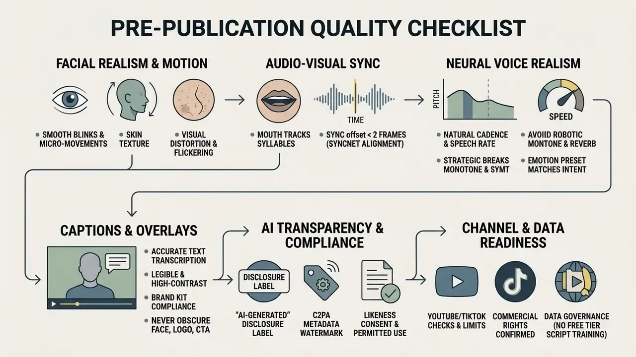 Sequential guide covering facial motion, lip sync, voice realism, captions, compliance, and channel readiness