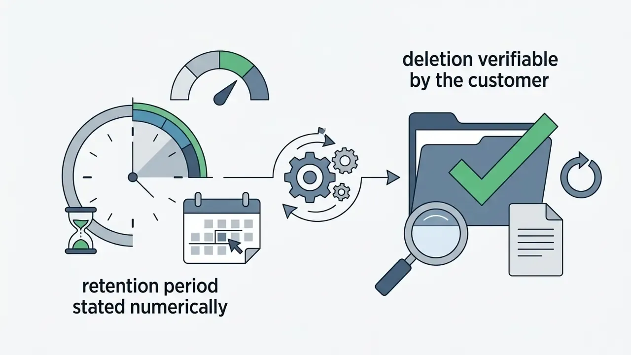 Clock and calendar icons feeding into a gear processor that outputs a folder with a green checkmark