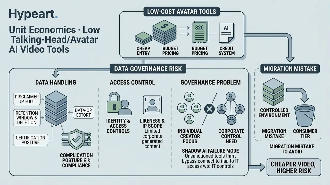 Infographic mapping low-cost AI video tools to data governance risks and corporate migration failures