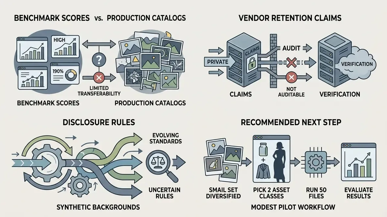 Four panel diagram outlining challenges and pilot strategies for ai remove background from image workflows