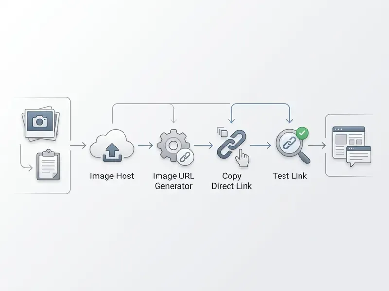Flowchart showing how to create a URL for an image by uploading files and testing the generated link