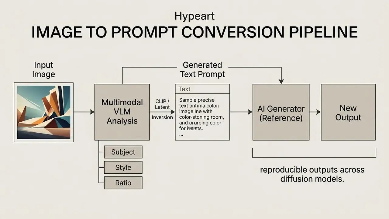 Flowchart illustrating the process of converting an image to a text prompt for AI generation