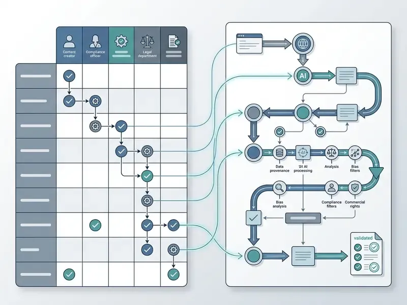Matrix of roles and responsibilities connected to a sequential workflow for content validation