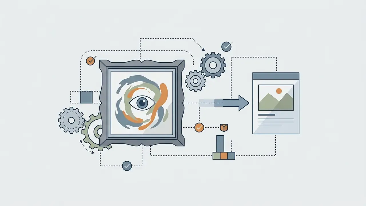 Framed painting of an eye connected to gears and data icons that output into a digital document