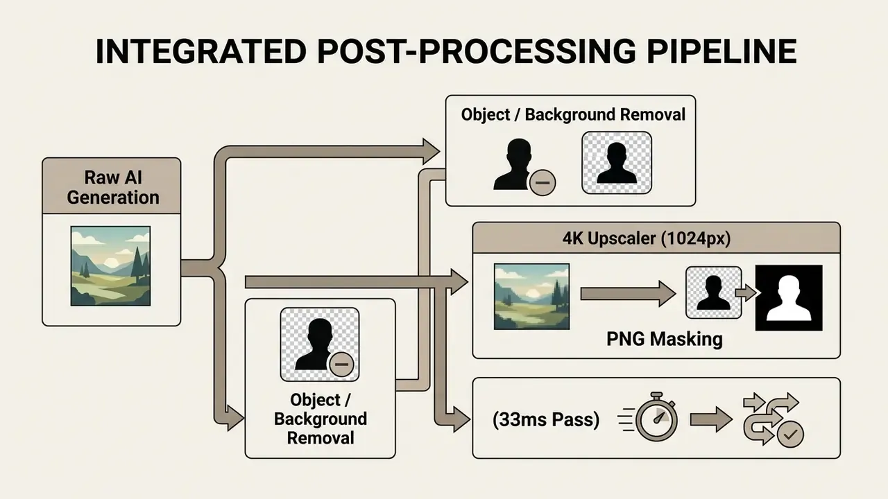 Diagram showing an image processing workflow for background removal, 4K upscaling, and PNG masking