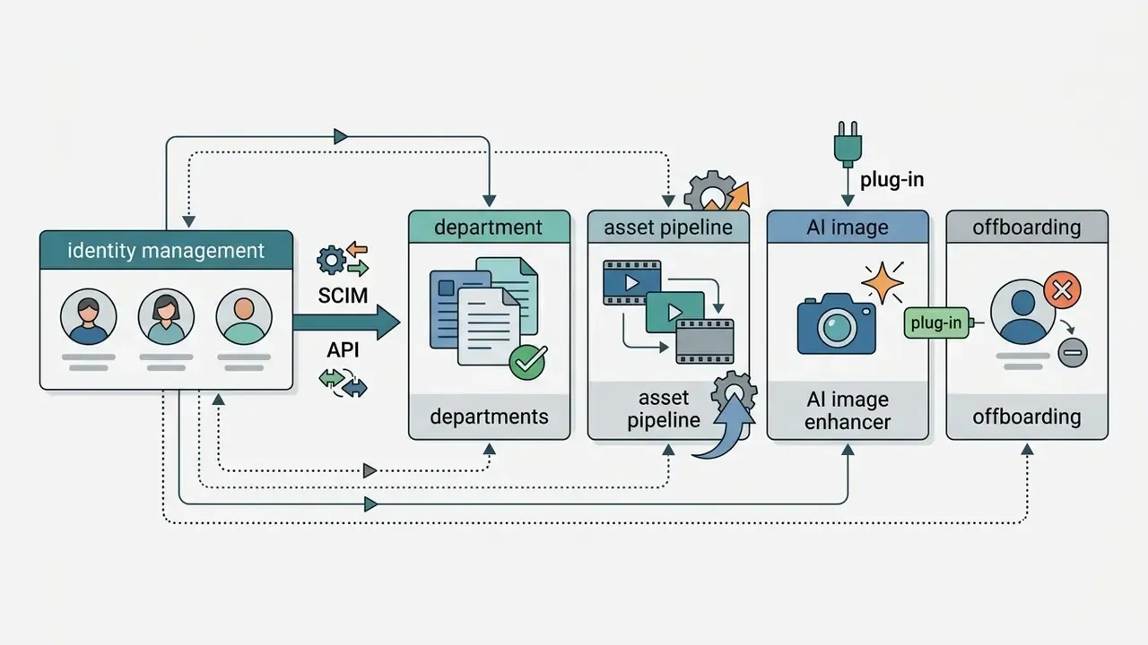 Identity management and department assets flow through an AI pipeline to generate images and offboarding