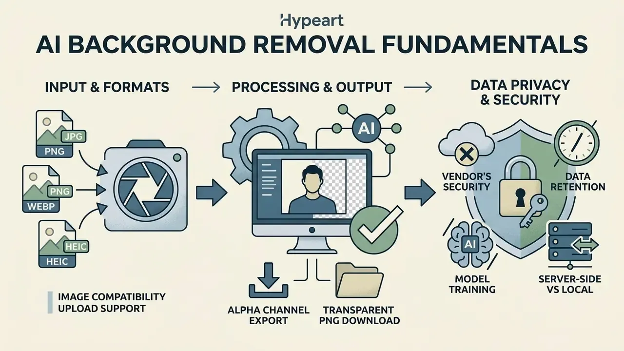 Infographic showing the workflow for ai remove background from image including file formats and privacy