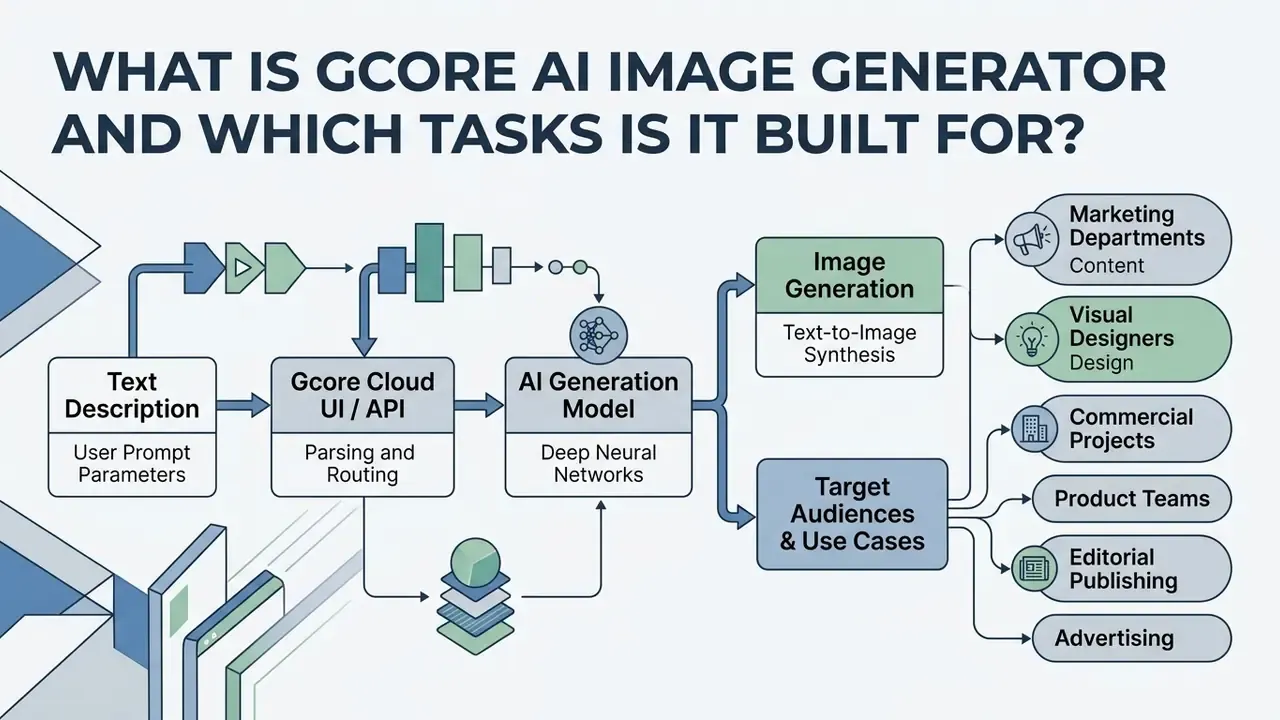 Flowchart showing the Gcore AI image generator process from text input to target audience use cases