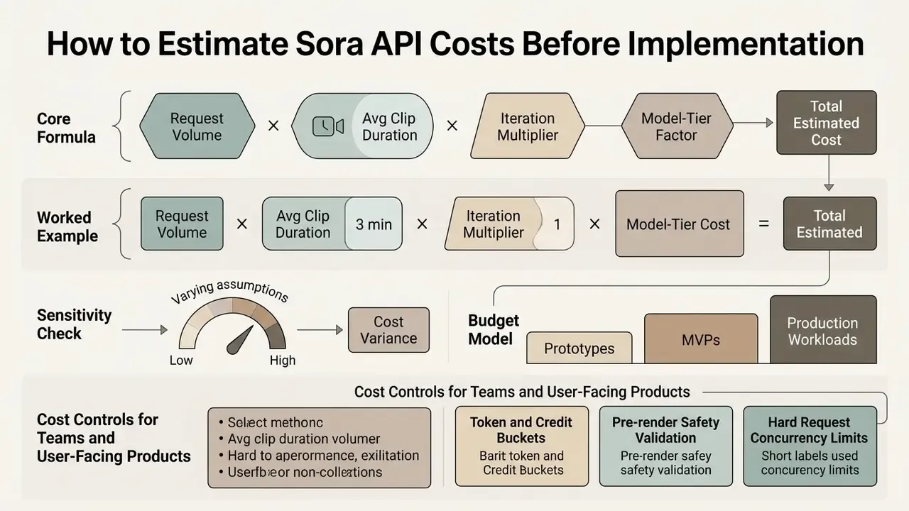 Diagram breaking down the cost calculation formula, sensitivity analysis, and budget controls for Sora API