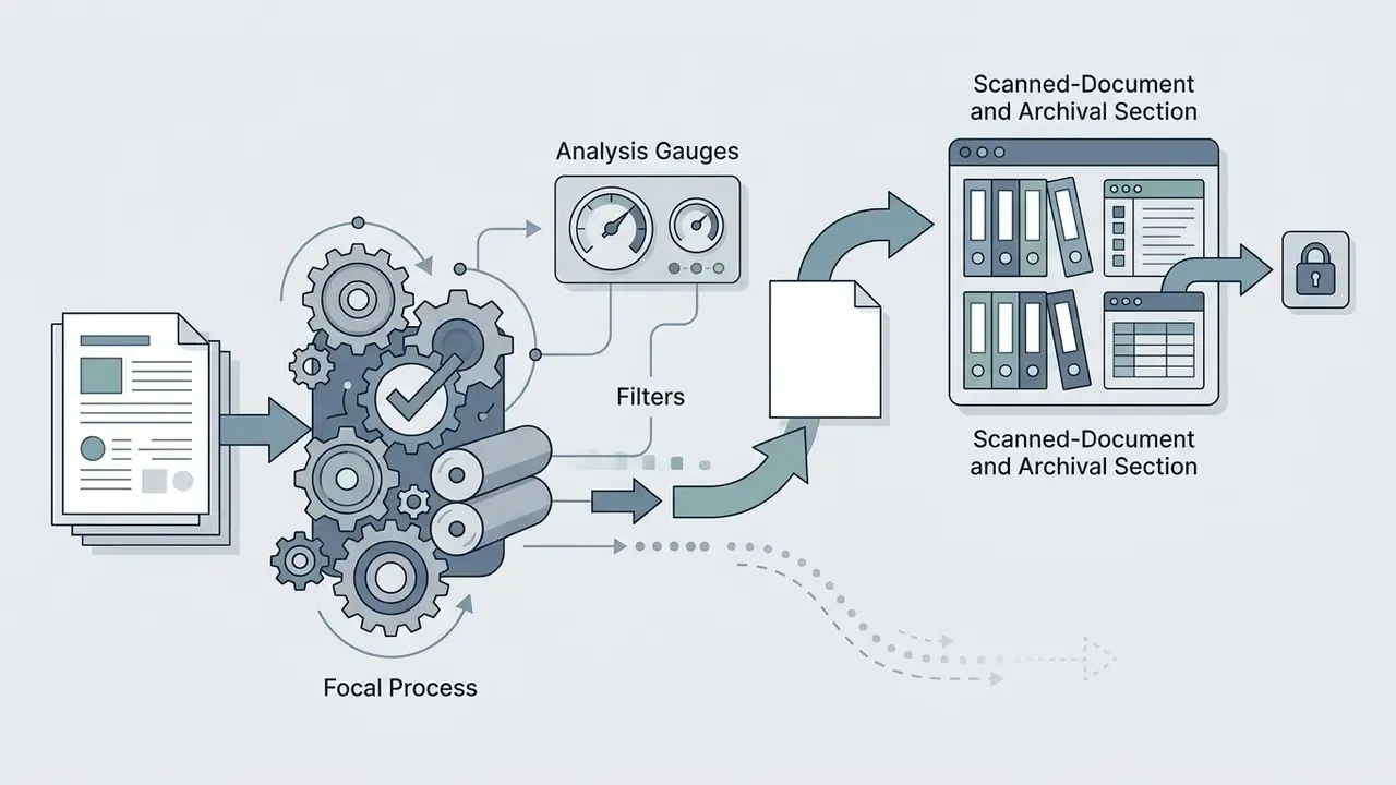 Paper files moving through gears and analysis gauges to be stored in an archival section behind a lock