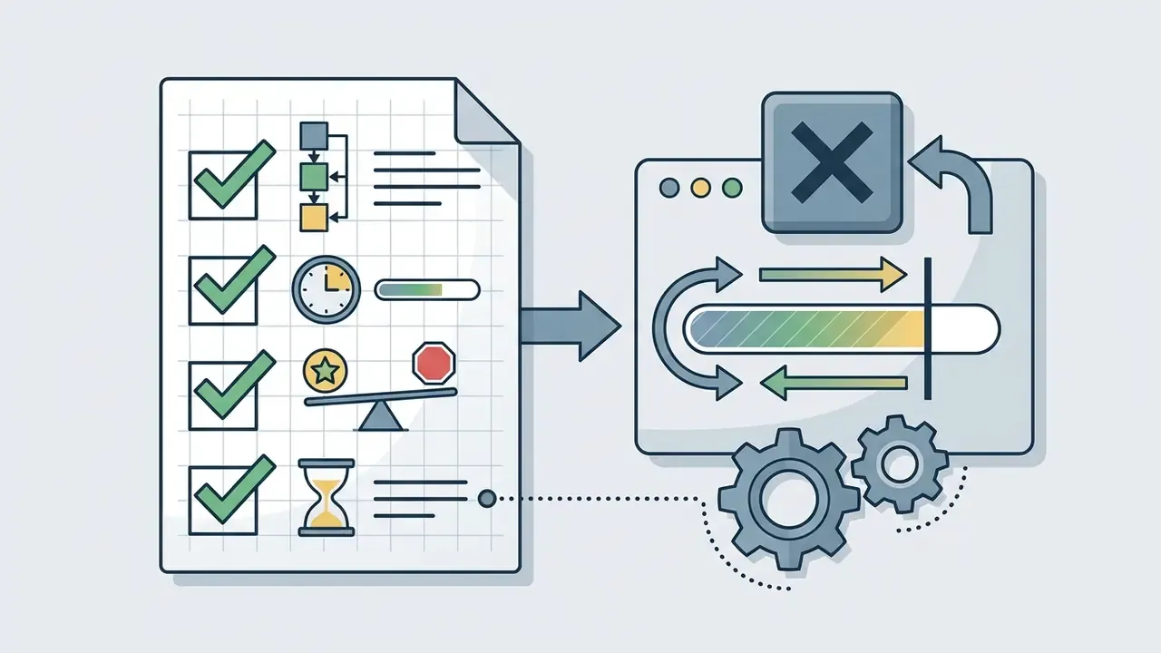 Checklist of process icons pointing to a settings window with motion controls and gear mechanisms
