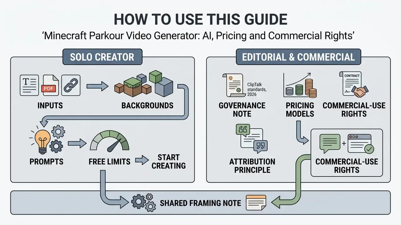 Infographic showing workflows for solo creators and commercial users of a Minecraft parkour video generator