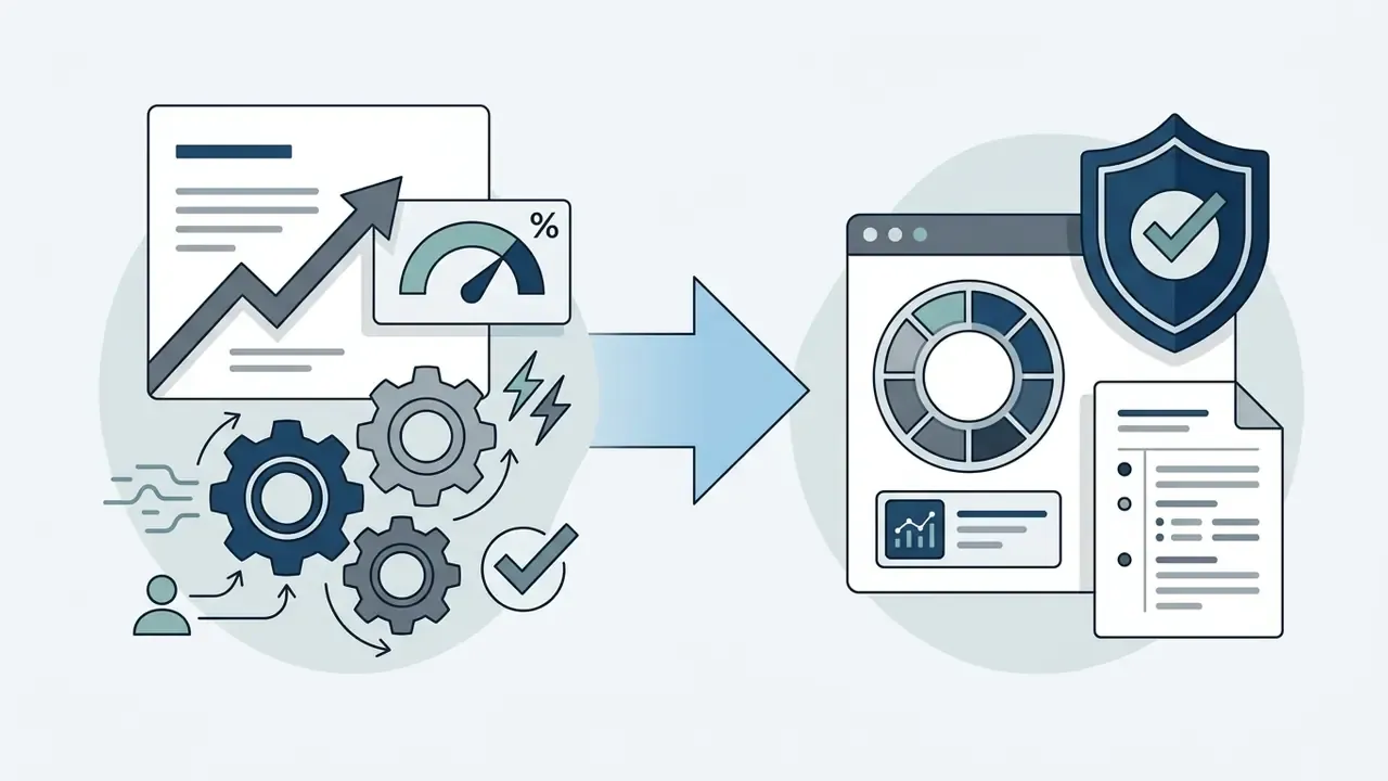 Performance metrics processed by gears transforming into a dashboard with a shield and audit checklist