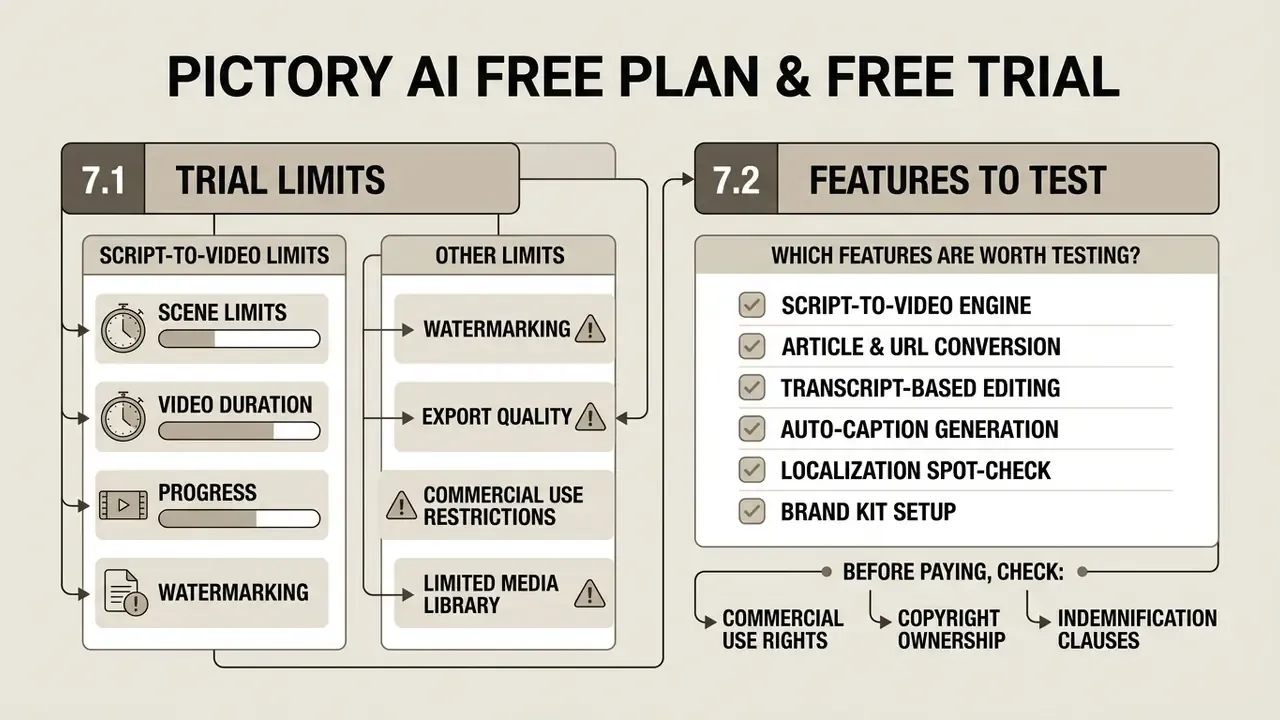 Diagram comparing Pictory AI trial limitations with recommended features to test before subscribing