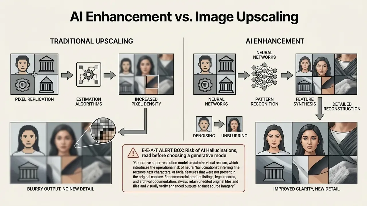 Comparison diagram showing traditional pixel replication versus generative AI feature synthesis methods