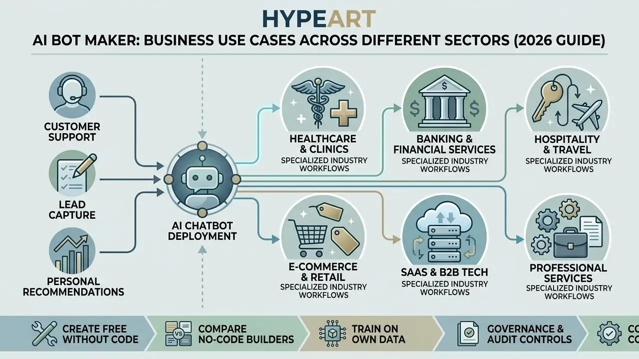 Infographic mapping chatbot functions to specialized industry workflows across six business sectors