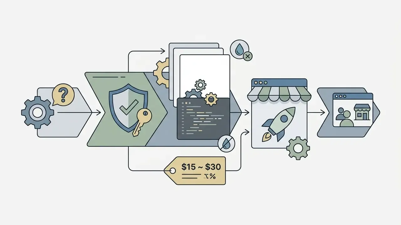 Process flow from licensing and code access to a paid plan and publishing on a digital storefront