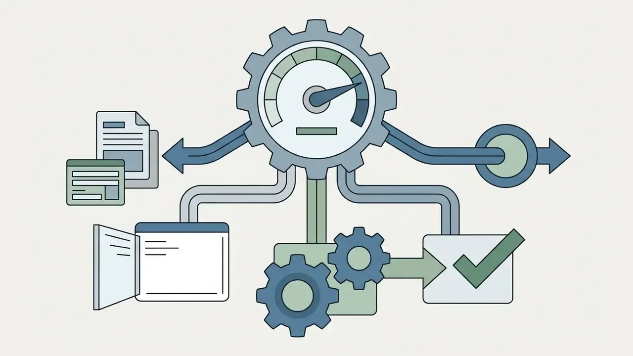 Documents and interface windows feed into a gear system that outputs status gauges and validated tasks