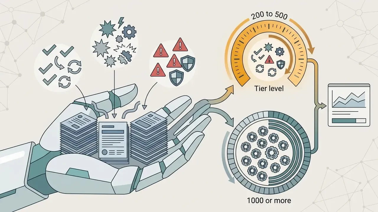 Robotic hand holding document stacks processed into tier-level gauges and a final analytical report