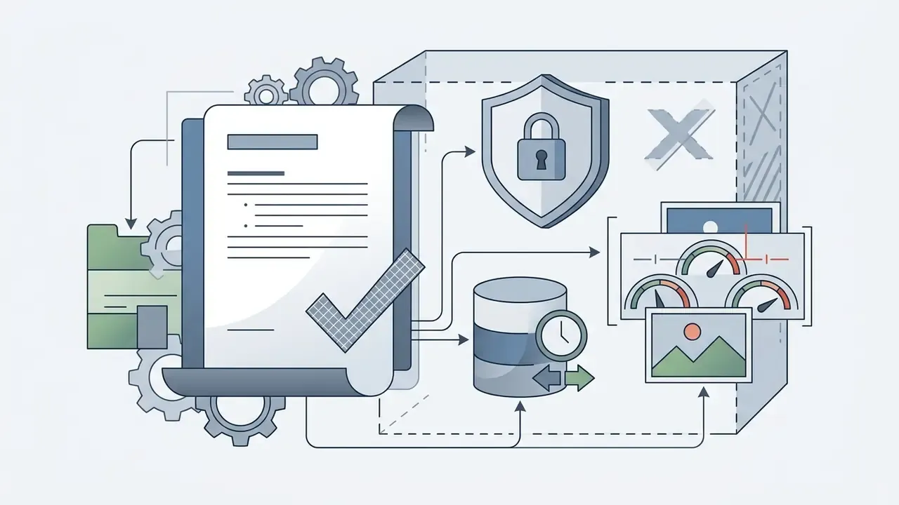 Document with a checkmark feeding into gears, a protected shield, a database, and image analysis gauges