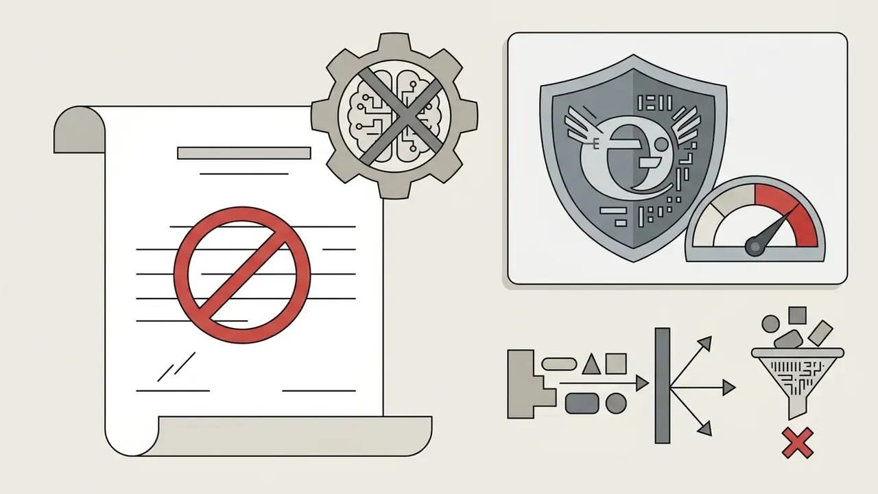 Document with a prohibition symbol next to a gear icon containing a brain and a shield with a gauge
