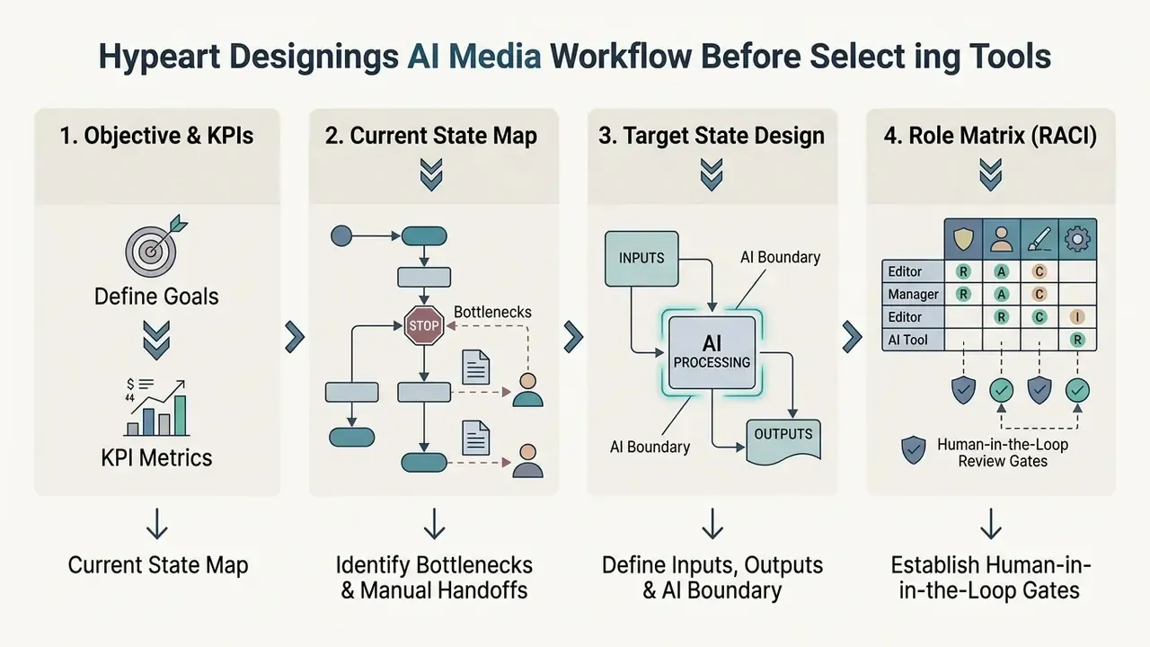 Four-step process flow for planning an AI media workflow from defining goals to establishing human review gates