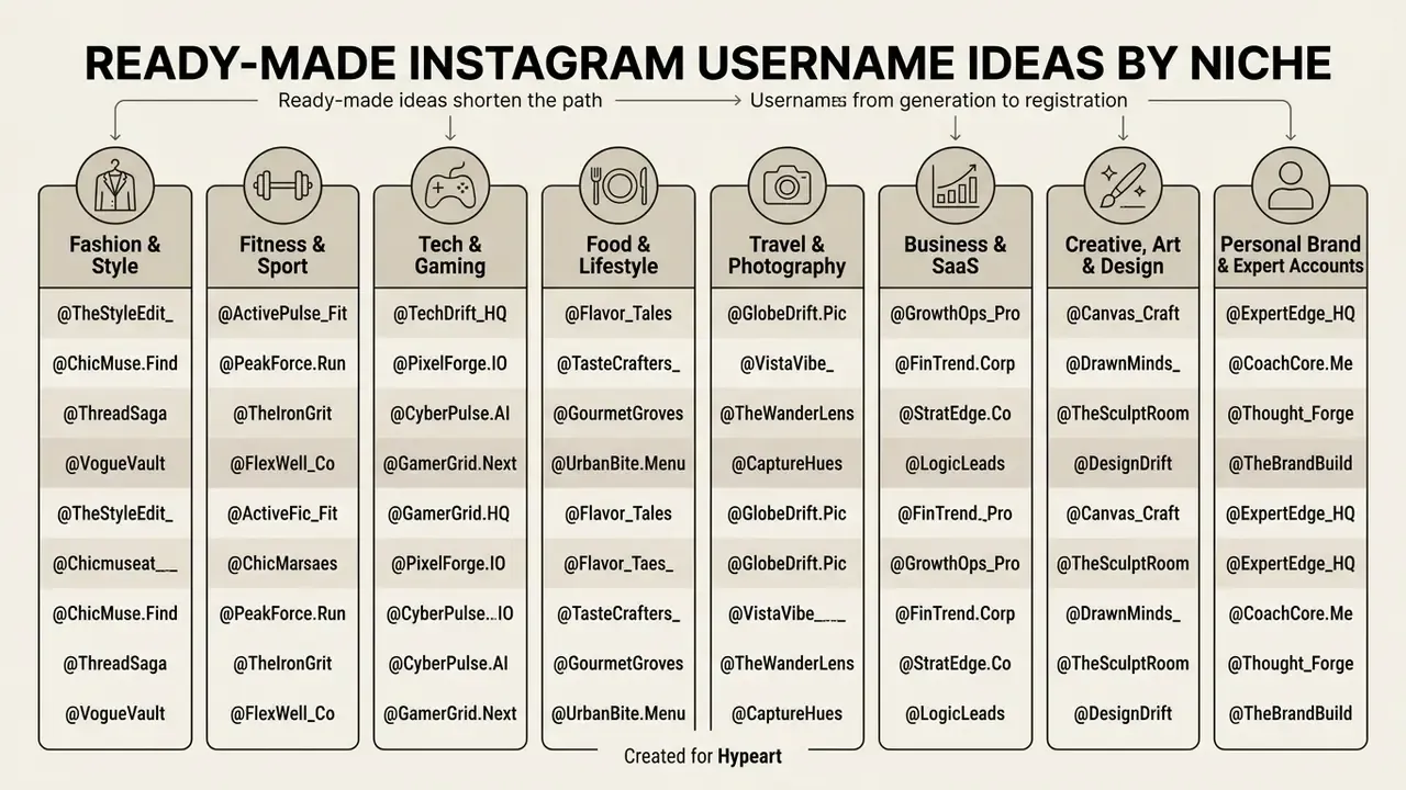 Categorized list of Instagram username suggestions organized by niche including fashion and tech