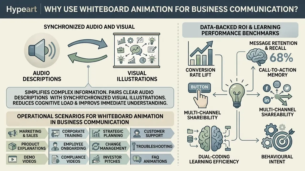 Infographic detailing how whiteboard animation services improve business communication and learning outcomes