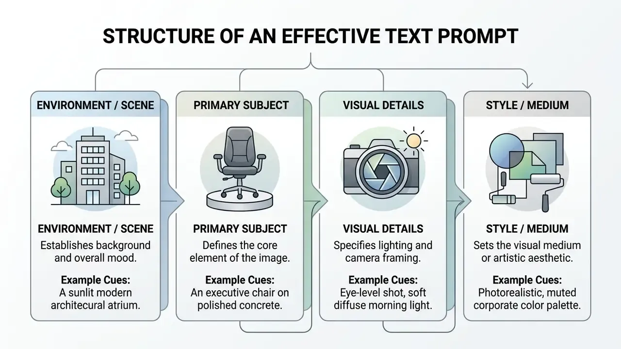 Four sequential boxes detailing the components of an effective text prompt including environment, subject, details, and style