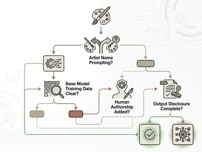 Decision tree diagram evaluating artist prompting, model training, authorship, and disclosure requirements
