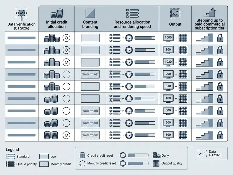 Structured data grid comparing credit allocation, branding, rendering speed, and output for AI video generators