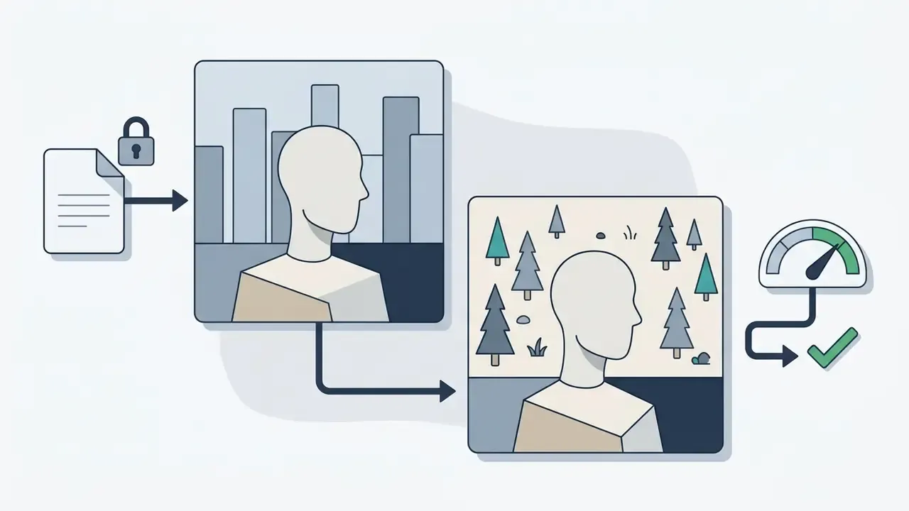 Document with a lock icon leading to a portrait that transitions from a city to a forest background