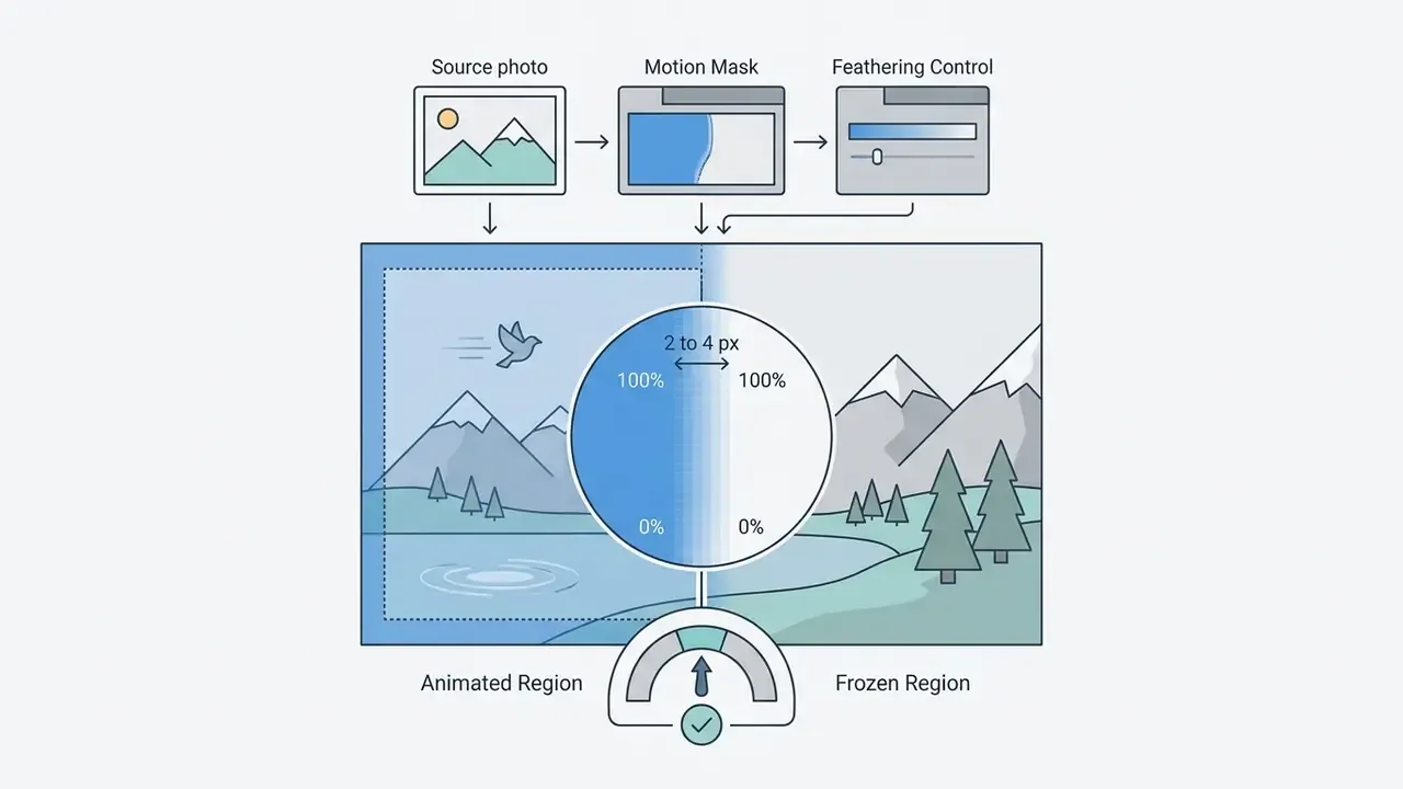 Process flow showing a source photo and mask settings applied to divide an image into animated and frozen regions