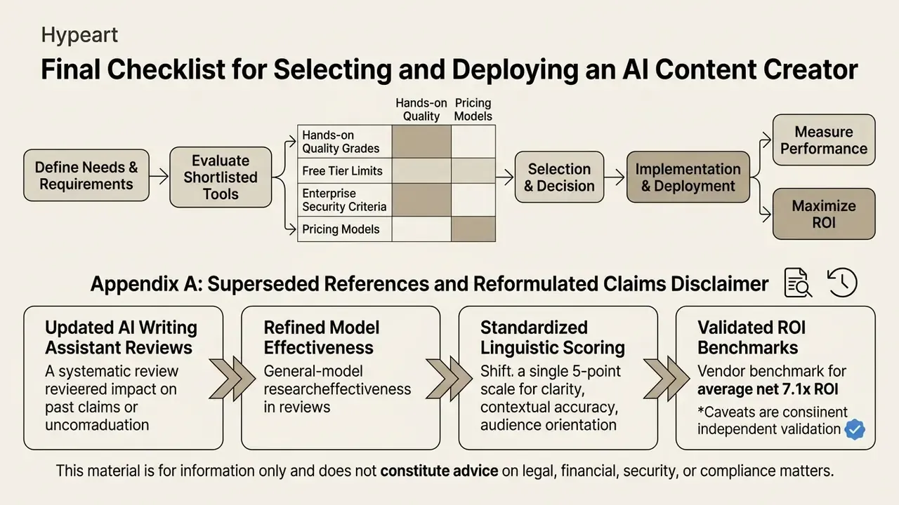 Workflow diagram showing tool selection steps alongside an appendix of updated research and claim reviews