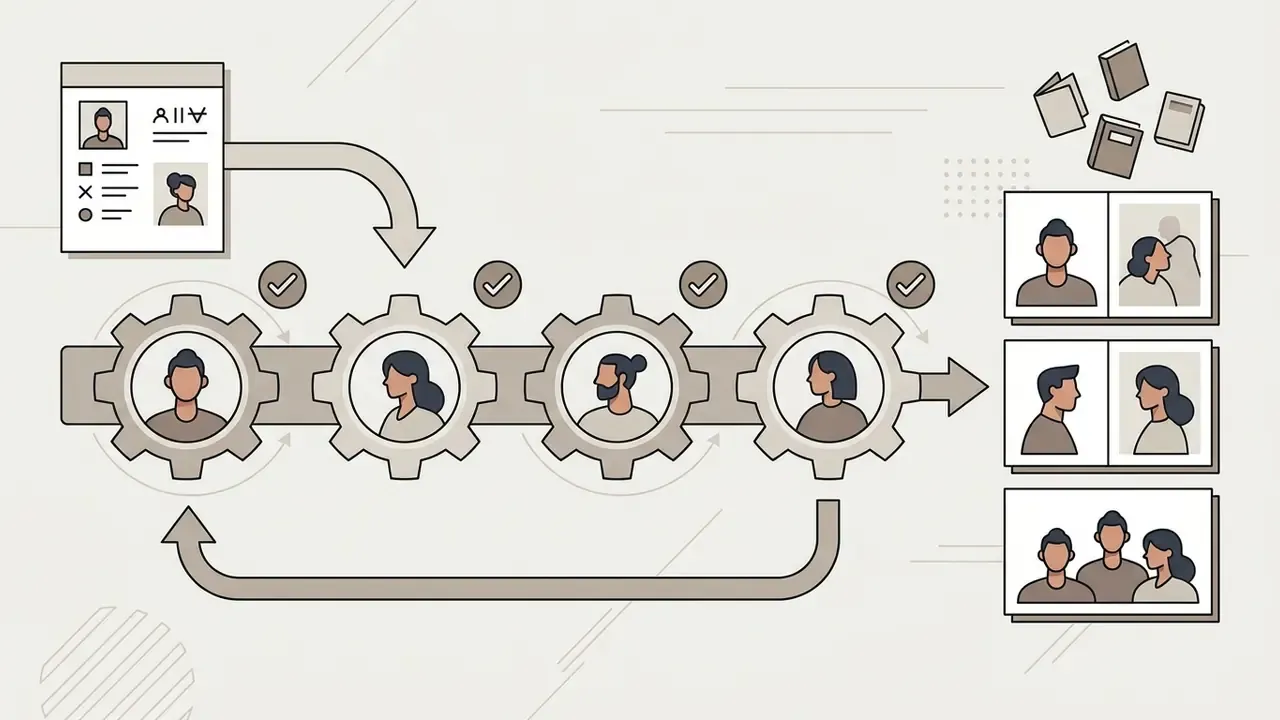 Character sheet feeding into a gear mechanism that generates consistent portraits for book pages