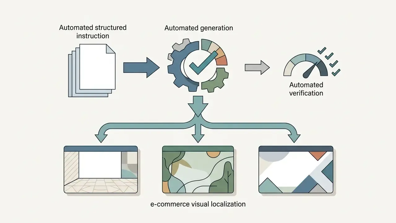 Structured instructions feeding into an automated gear mechanism to generate localized e-commerce assets
