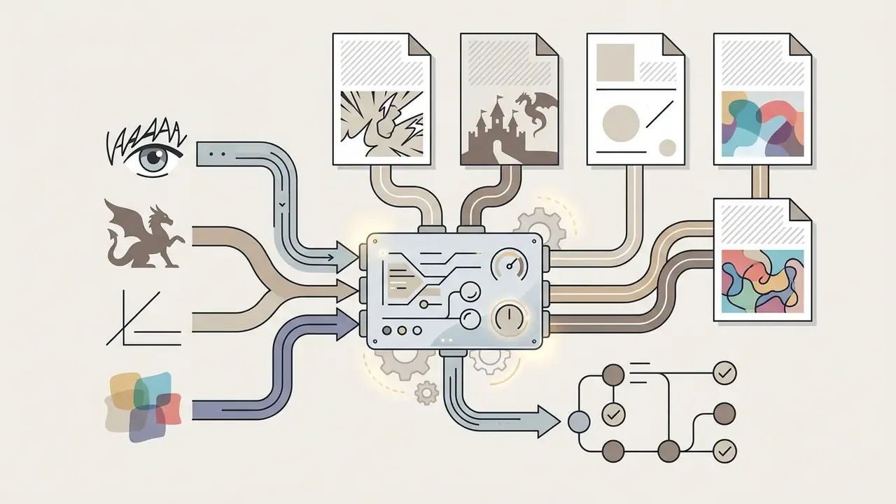 Icons representing art styles feeding into a processing unit that generates diverse digital image documents