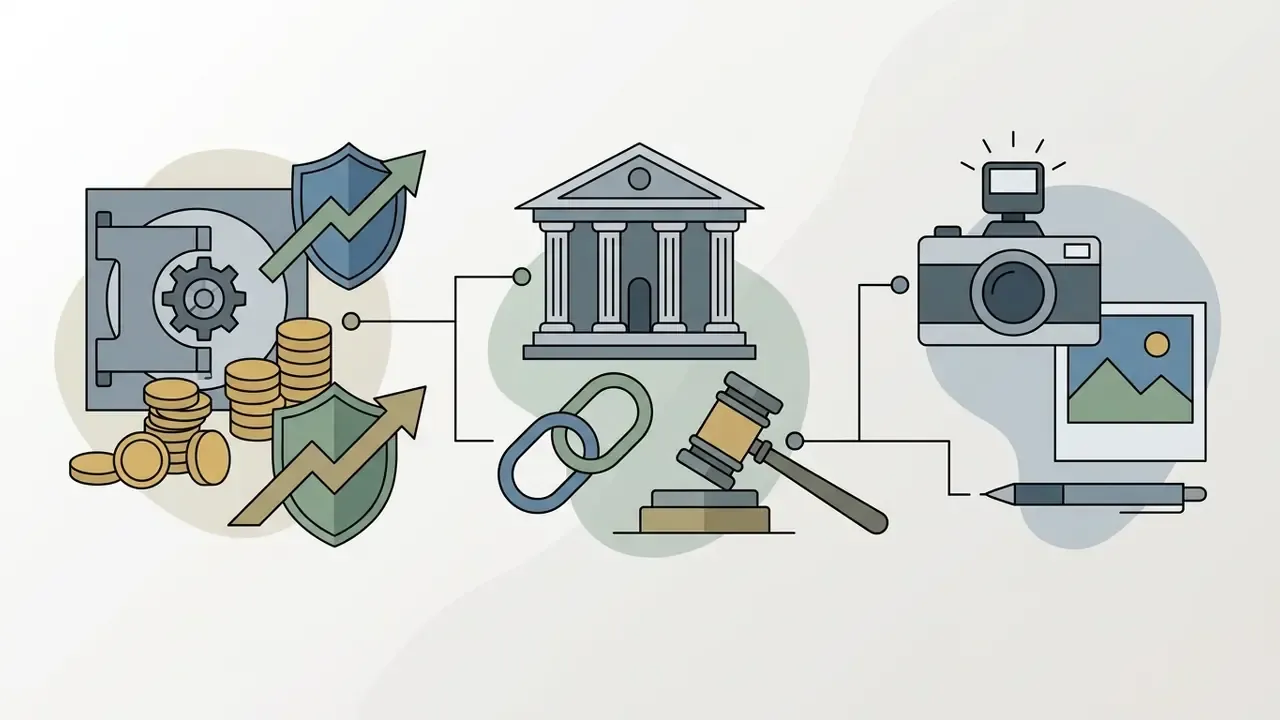 Icons representing banking, legal, and photography industries connected by a network of lines and symbols