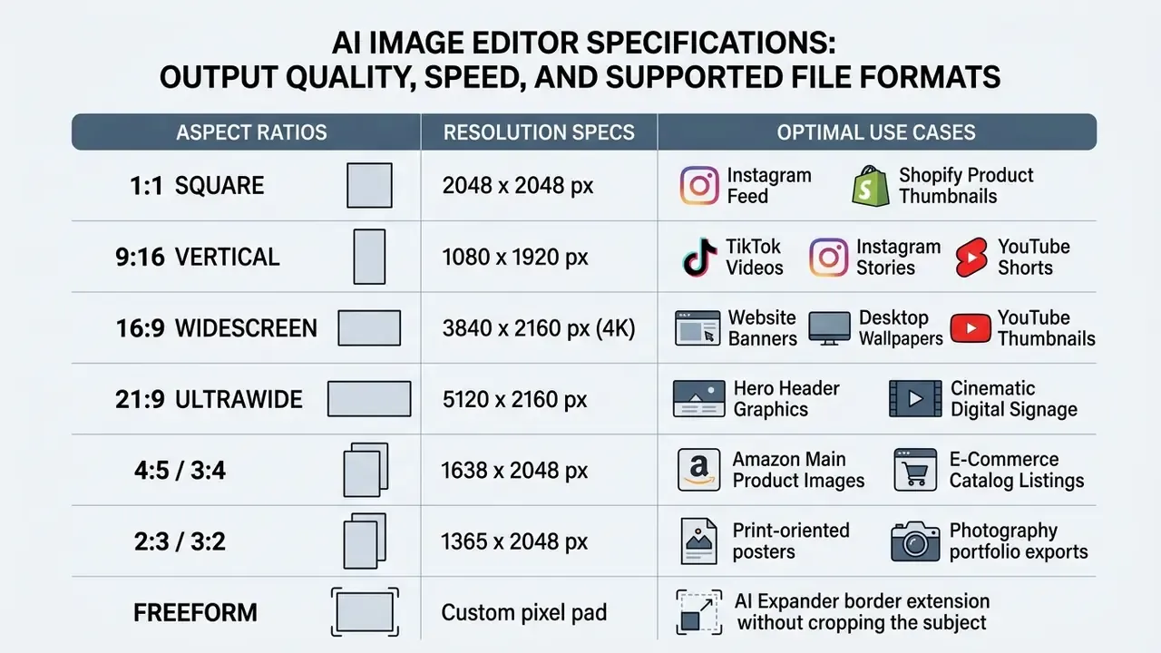 Table detailing aspect ratios, resolution specifications, and optimal use cases for an AI image editor