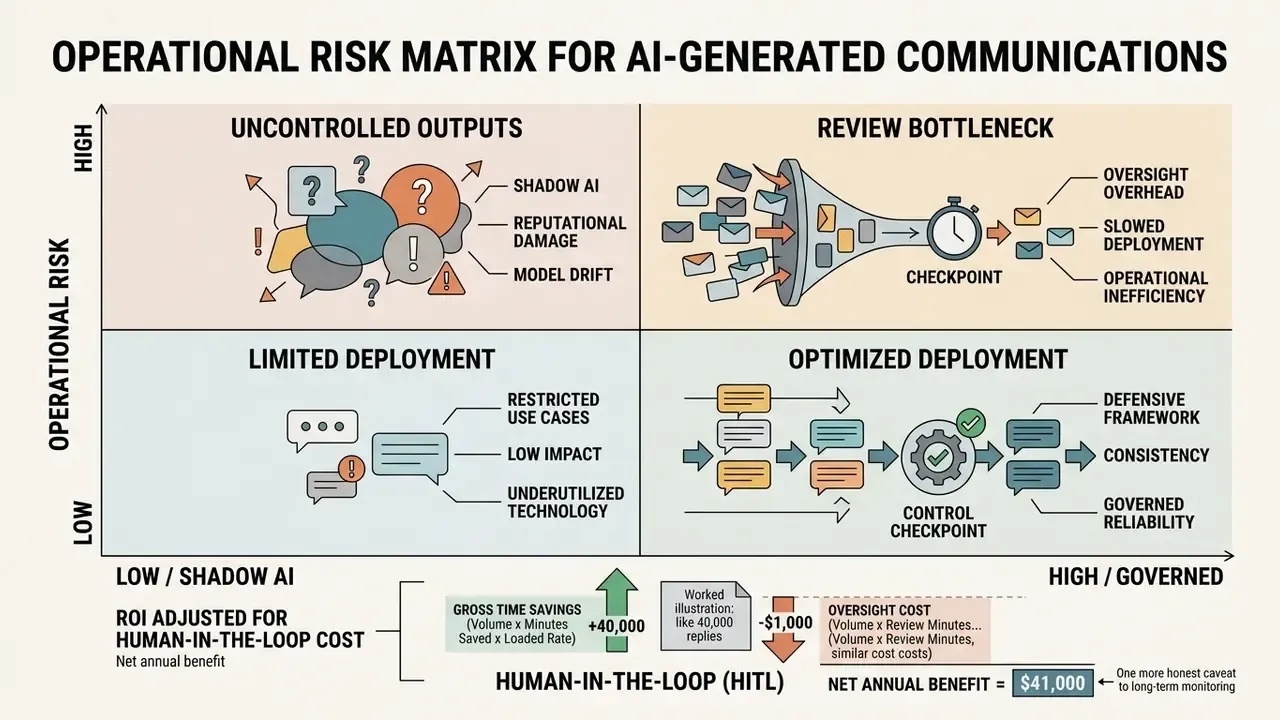 Four-quadrant matrix mapping operational risk against governance levels for automated business messaging