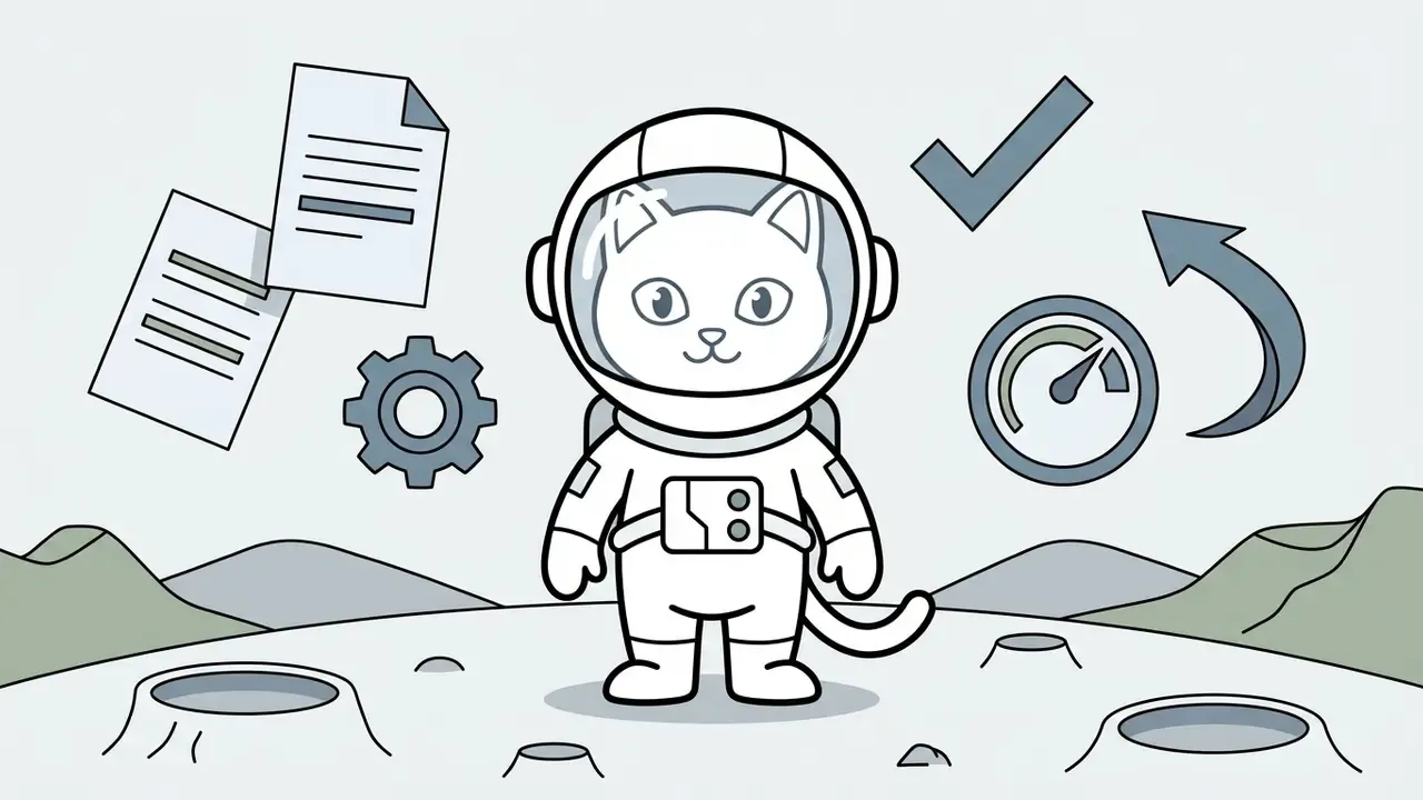 Cartoon astronaut cat on the moon surrounded by icons of documents, a gear, a checkmark, and a gauge
