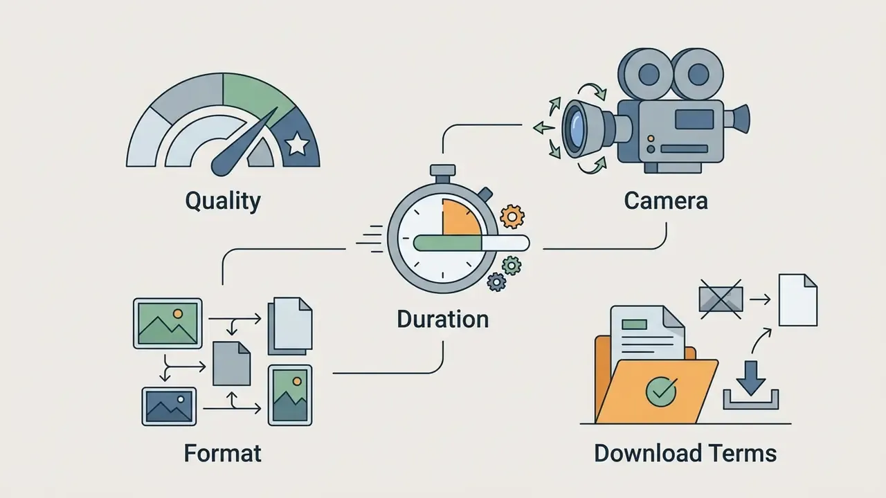 Visual representation of quality, camera movement, video duration, file formats, and download conditions