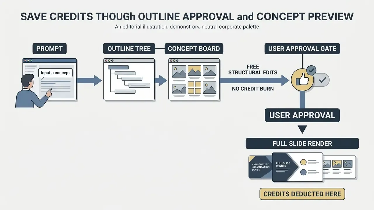 Step by step workflow showing how prompt inputs lead to slide generation only after user approval