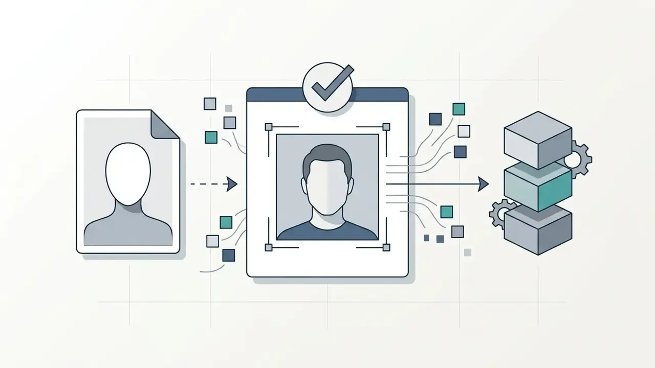 Portrait input processing into a digital file with checkmark and data blocks connected by gear mechanisms