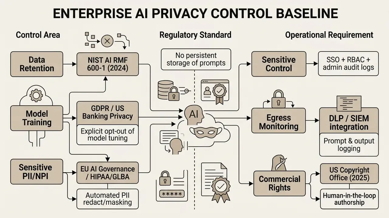 Flowchart mapping enterprise privacy control areas to regulatory standards and operational requirements