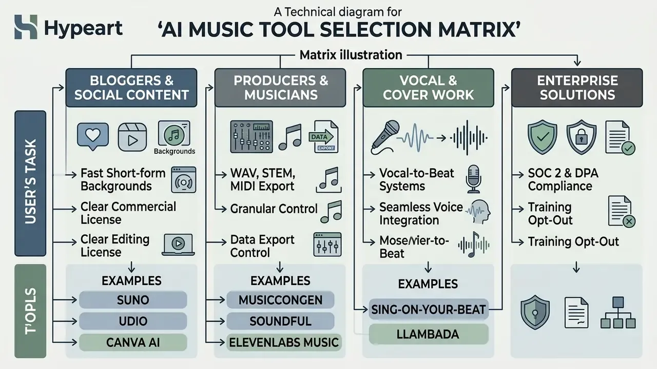 Matrix categorizing AI music tools by user task with examples for content creators and professionals