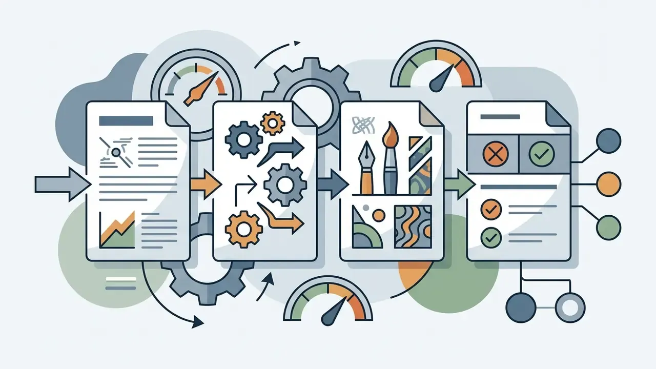 Series of document icons connected by arrows alongside gears and speed gauges illustrating a design workflow