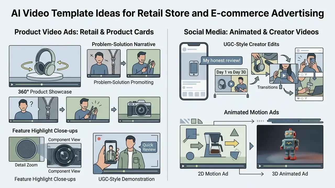 Visual guide comparing product video ad formats with social media creator styles and animated motion ads